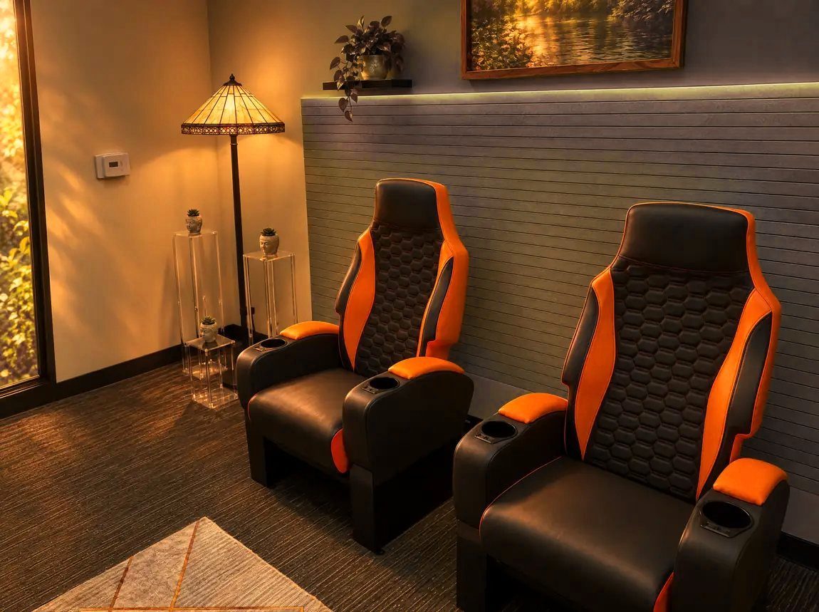 Two black and orange leather recliners beside a lamp