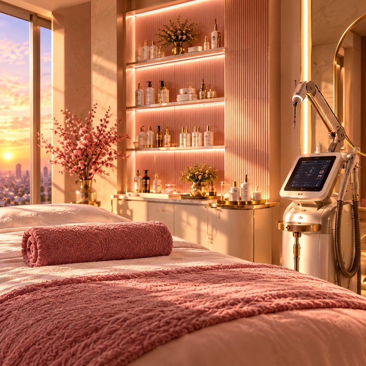 Faye&rsquo;sthetic treatment room with a skincare bed, product shelves and golden-hour light